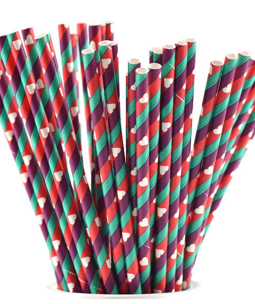 Purple Green Red Striped with White hearts Paper Straws — STRAWTOPIA - STRAWTOPIA