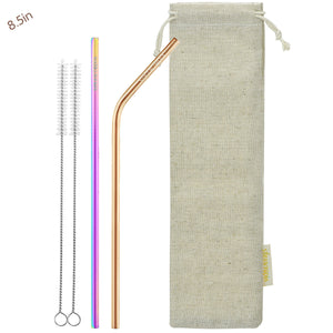 (8.5 inches)1 Bendy Champagne Gold 1 Straight Rainbow  Reusable Metal Straws with Cleaning Brushes — STRAWTOPIA