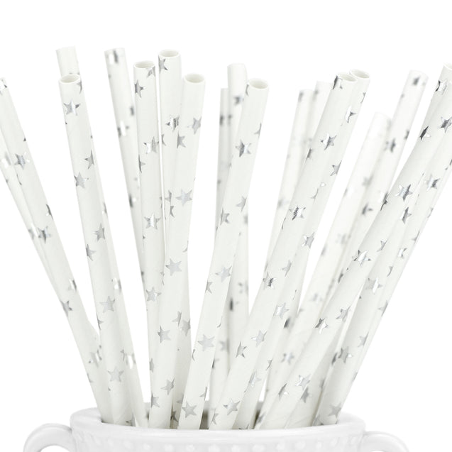 Metallic Silver Stars Paper Straws Biodegradable and Compostable - STRAWTOPIA