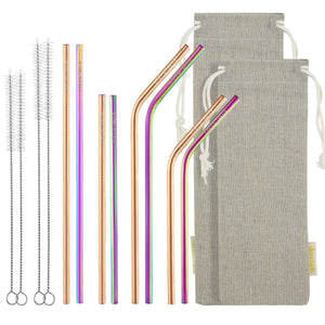 14 Piece Rose Gold and Rainbow Reusable Metal Straws with Cleaning Brushes — STRAWTOPIA