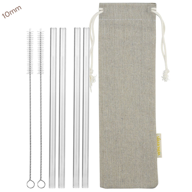 10mm (Transparent) 4 Straight Reusable Glass Straws with Cleaning Brushes — STRAWTOPIA