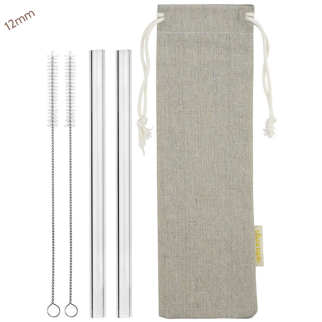 12mm (Transparent) 2 Straight Reusable Glass Straws with Cleaning Brushes — STRAWTOPIA
