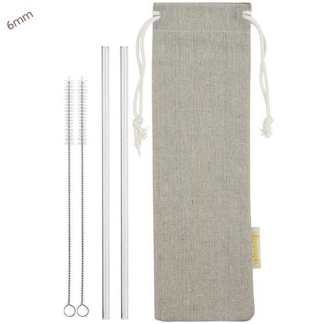 6mm (Transparent) 2 Straight Reusable Glass Straws with Cleaning Brushes — STRAWTOPIA