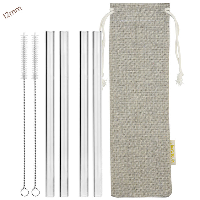 12mm (Transparent) 4 Straight Reusable Glass Straws with Cleaning Brushes — STRAWTOPIA