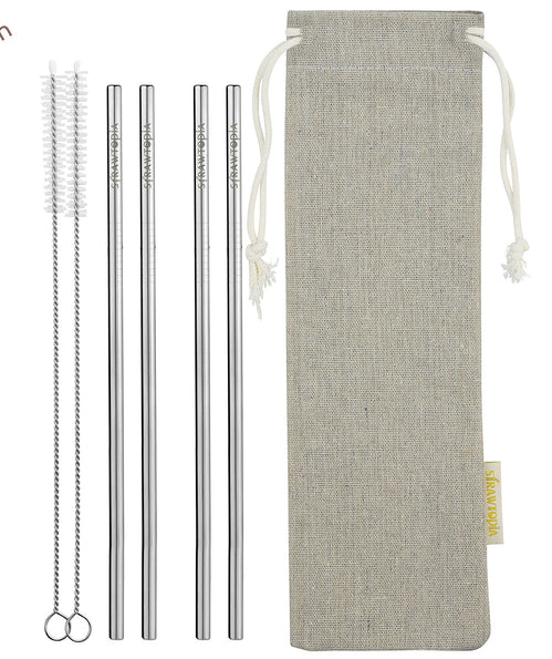 4 Straight (8.5 inches) Reusable Stainless Steel Metal Straws with Cleaning Brushes  — STRAWTOPIA