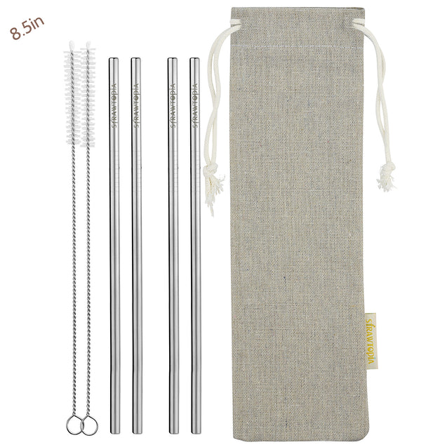 2 Straight (8.5 inches) Reusable Stainless Steel Metal Straws with Cleaning Brushes — STRAWTOPIA