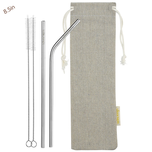 1 Straight 1 Bendy (8.5 inches) Reusable Stainless Steel Metal Straws with Cleaning Brushes — STRAWTOPIA