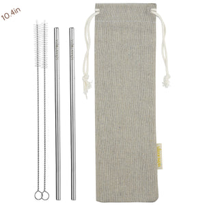 2 Straight (10.4 inches) Reusable Stainless Steel Metal Straws with Cleaning Brushes  — STRAWTOPIA