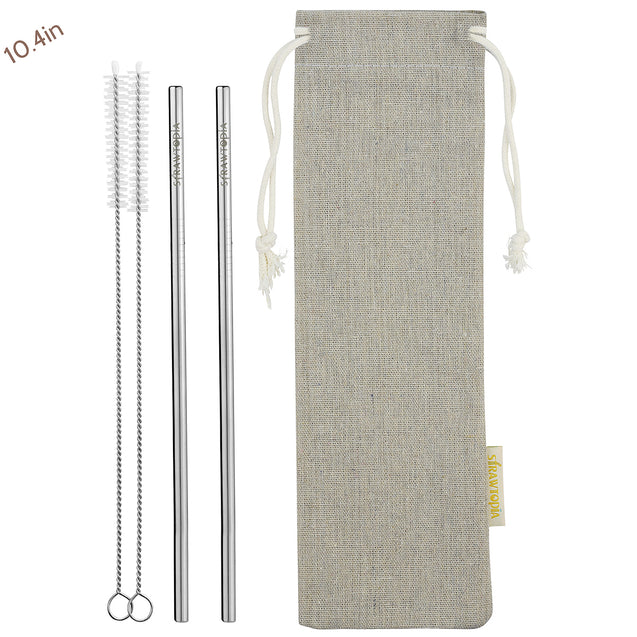 2 Straight (10.4 inches) Reusable Stainless Steel Metal Straws with Cleaning Brushes  — STRAWTOPIA