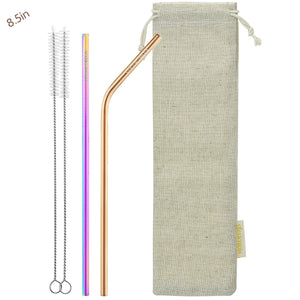 (8.5 inches)1 Bendy Rose Gold 1 Straight Rainbow  Reusable Metal Straws with Cleaning Brushes — STRAWTOPIA