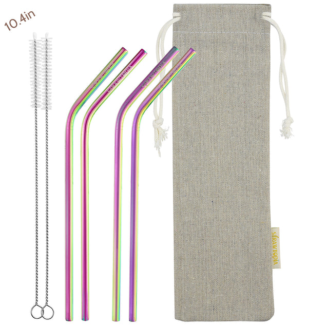 4 Bendy (10.4 inches) Rainbow Reusable Metal Straws with Cleaning Brushes — STRAWTOPIA
