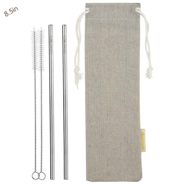 2 Straight (8.5 inches) Reusable Stainless Steel Metal Straws with Cleaning Brushes — STRAWTOPIA