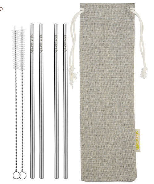 4 Straight (8.5 inches) Reusable Stainless Steel Metal Straws with Cleaning Brushes  — STRAWTOPIA