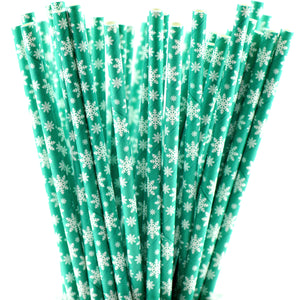 Turquoise with White Snowflakes Paper Straws Biodegradable and Compostable - STRAWTOPIA