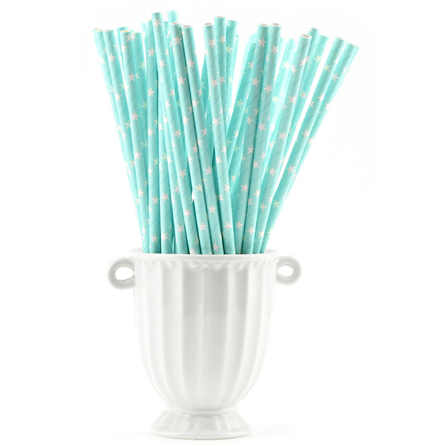 Light Cyan with White Stars Paper Straws Biodegradable and Compostable - STRAWTOPIA