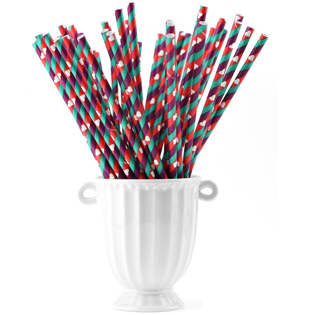 Purple Green Red Striped with White hearts Paper Straws — STRAWTOPIA - STRAWTOPIA