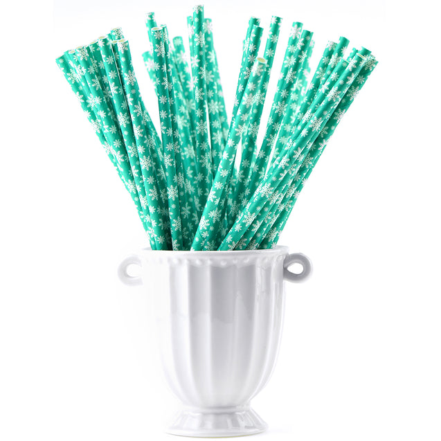 Turquoise with White Snowflakes Paper Straws Biodegradable and Compostable - STRAWTOPIA