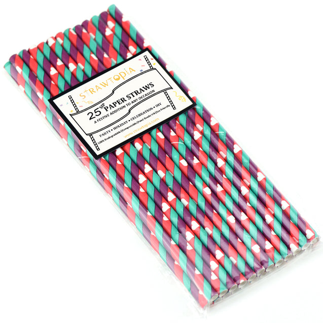 Purple Green Red Striped with White hearts Paper Straws — STRAWTOPIA - STRAWTOPIA