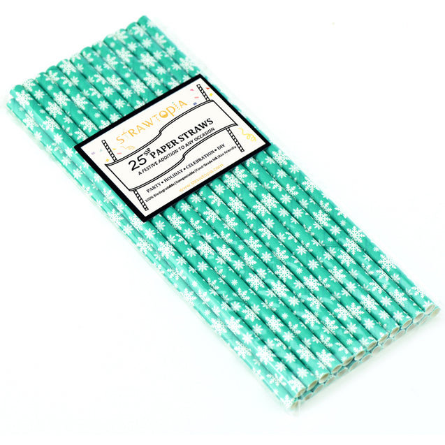 Turquoise with White Snowflakes Paper Straws Biodegradable and Compostable - STRAWTOPIA