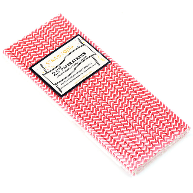 Vivid Red | White Chevron Paper Straws Biodegradable and Compostable - STRAWTOPIA