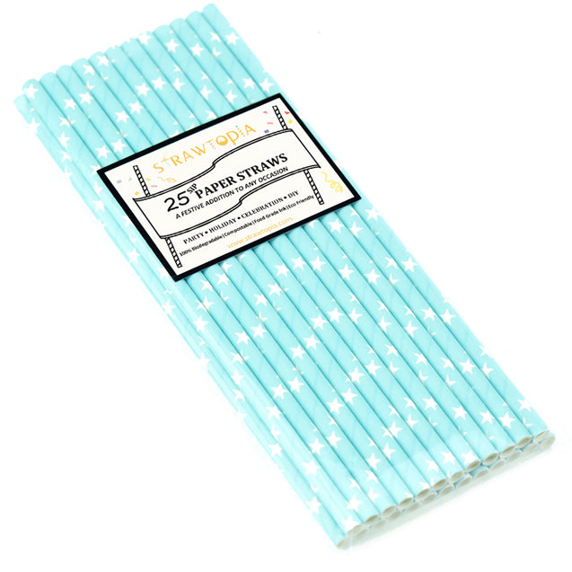 Light Cyan with White Stars Paper Straws Biodegradable and Compostable - STRAWTOPIA