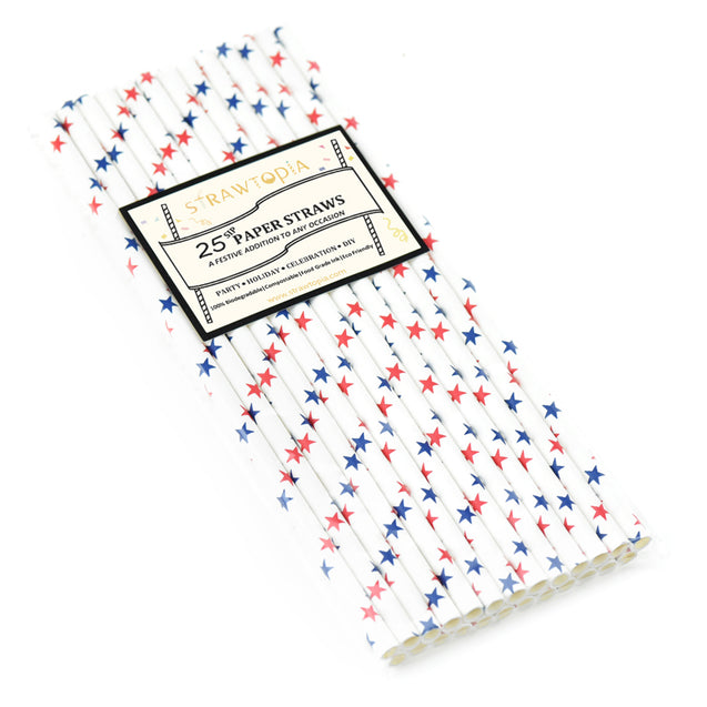 Red|Blue Stars Paper Straws Biodegradable and Compostable - STRAWTOPIA