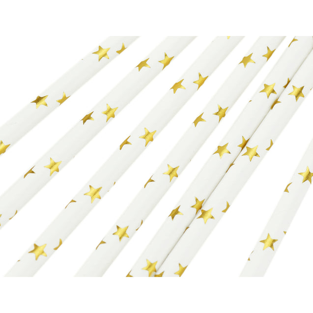 Metallic Golden Stars on White Paper Straws - STRAWTOPIA - STRAWTOPIA