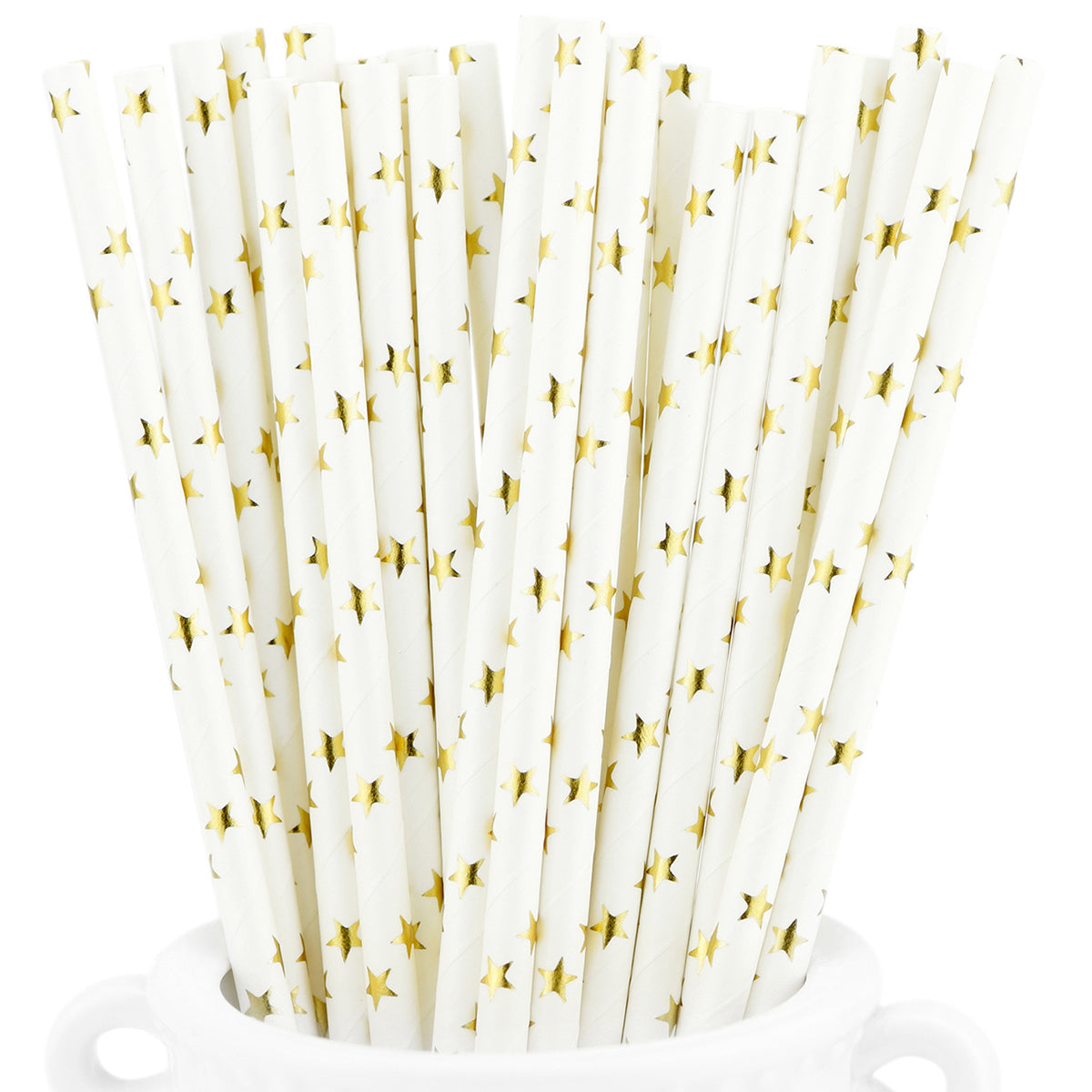 Metallic Golden Stars on White Paper Straws - STRAWTOPIA