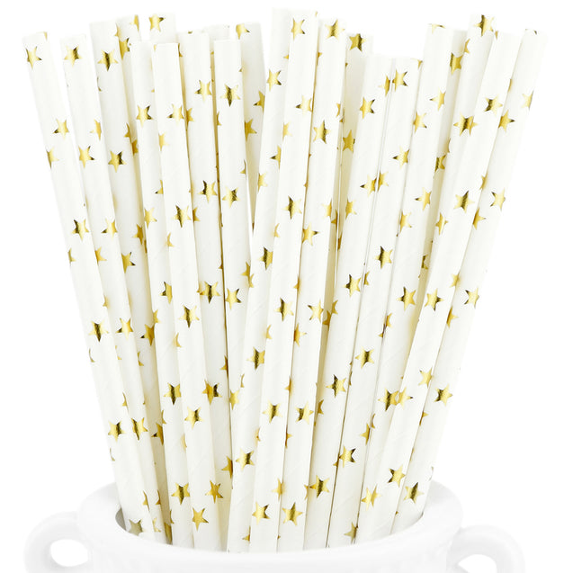 Metallic Golden Stars on White Paper Straws - STRAWTOPIA - STRAWTOPIA