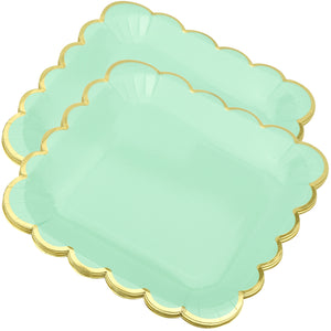 8'' Mint Green with Gold Accent Floral Edge Square Party Paper Plates