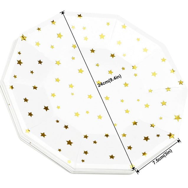 STRAWTOPIA disposable paper plates 8 inch white with gold metallic stars party supplies
