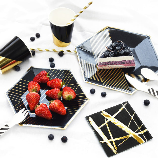STRAWTOPIA disposable paper plates black gold patterns hexagon reference photo with food