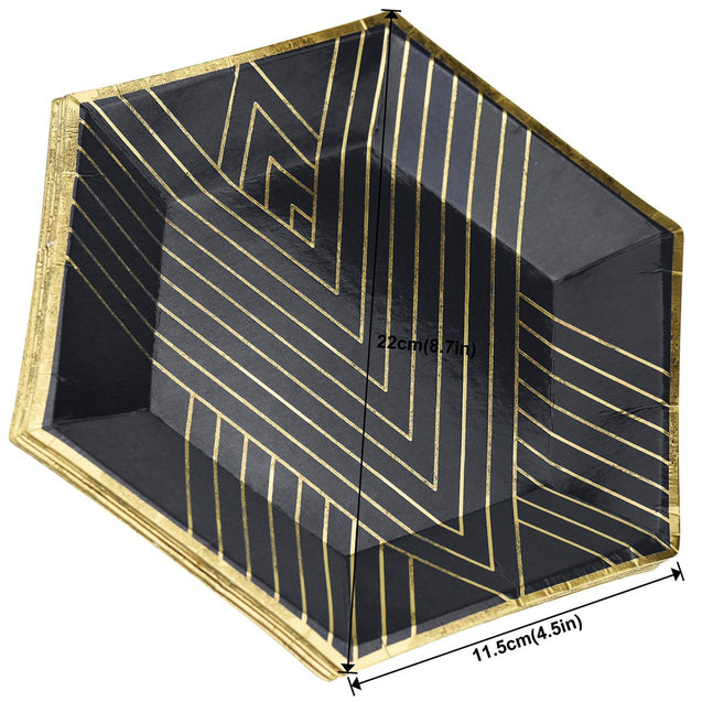 STRAWTOPIA disposable paper plates black gold patterns hexagon reference photo with size dimensions