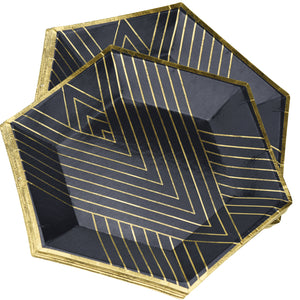 STRAWTOPIA disposable paper plates black gold patterns hexagon showing top of plate