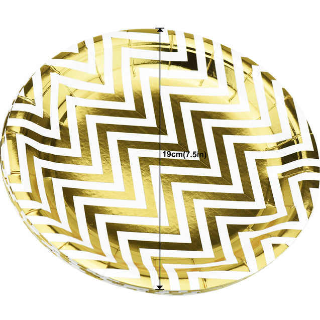 7'' White with Gold Chevron Pattern Round Party Paper Plates — STRAWTOPIA