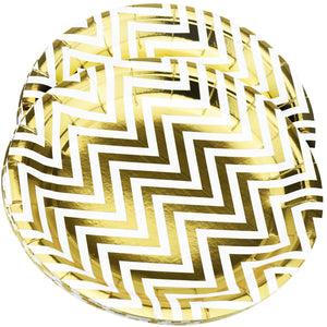 7'' White with Gold Chevron Pattern Round Party Paper Plates — STRAWTOPIA
