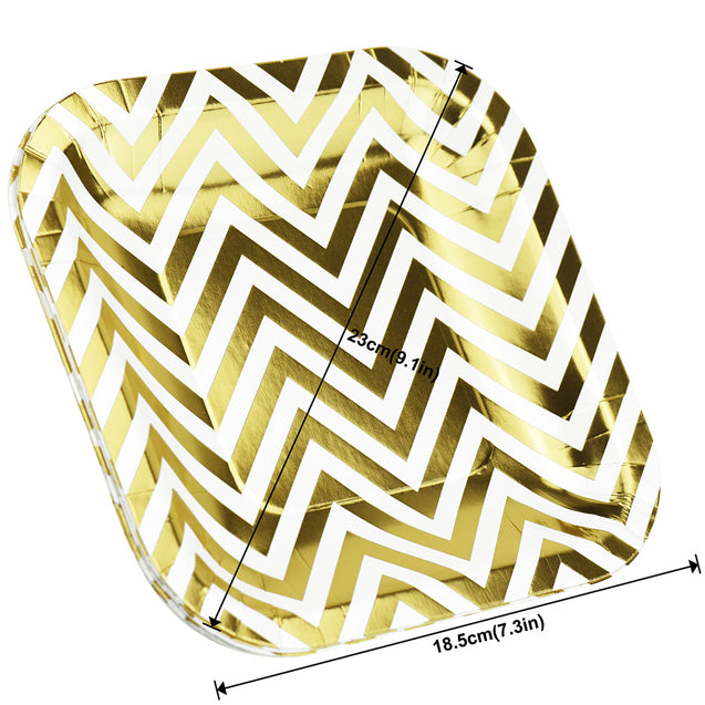 7'' White with Gold Chevron Pattern Square Party Paper Plates — STRAWTOPIA