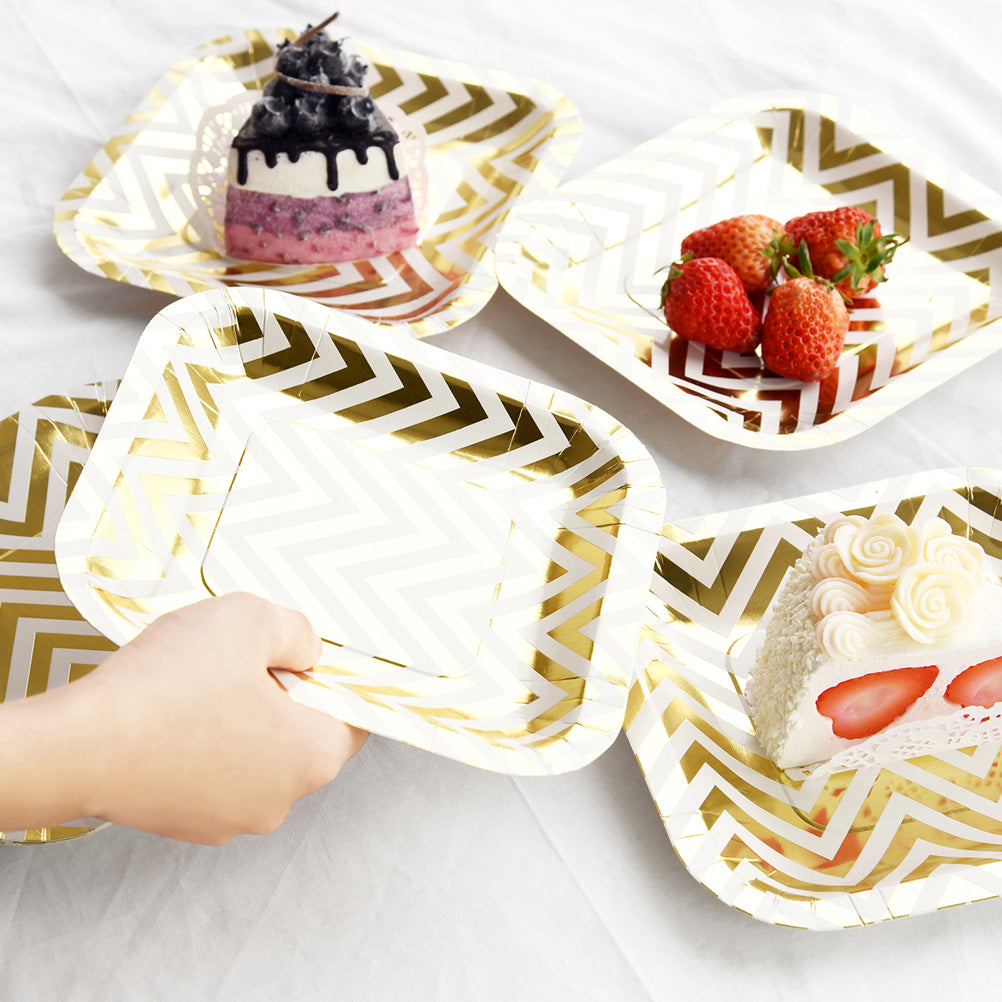 7'' White with Gold Chevron Pattern Square Party Paper Plates