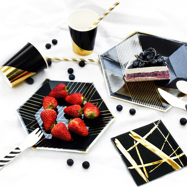 10 oz. Black & Gold Fancy Party Paper Cups — STRAWTOPIA