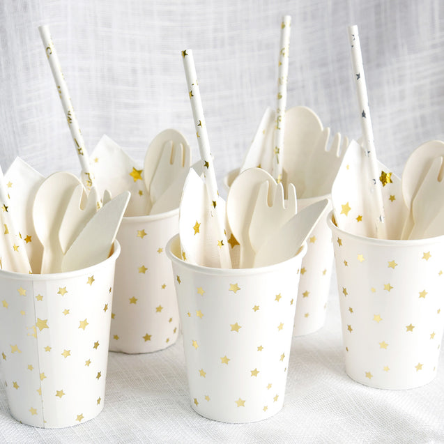 White with Gold Stars Fancy Party Paper Cups — STRAWTOPIA