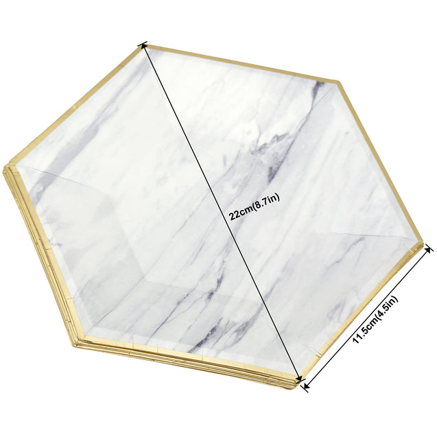 8'' Marble with Gold Edge Hexagon Party Paper Plates  — STRAWTOPIA