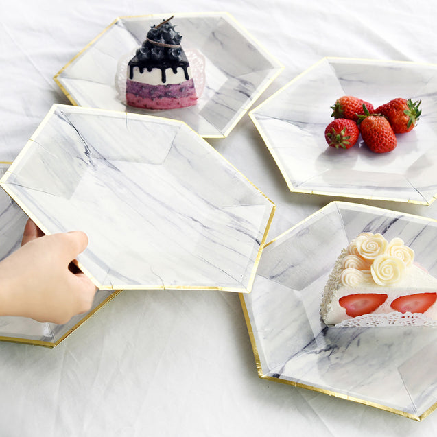 8'' Marble with Gold Edge Hexagon Party Paper Plates  — STRAWTOPIA