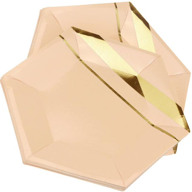 10'' Peach Color with Gold Pattern Hexagon Party Paper Plates — STRAWTOPIA