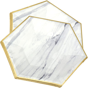 8'' Marble with Gold Edge Hexagon Party Paper Plates  — STRAWTOPIA