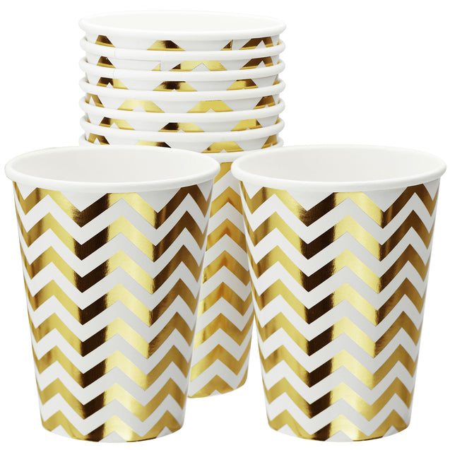 White with Gold Metallic Chevron Pattern Fancy Party Paper Cups — STRAWTOPIA