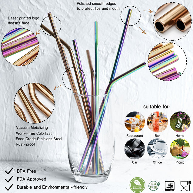 14 Piece Rose Gold and Rainbow Reusable Metal Straws with Cleaning Brushes — STRAWTOPIA