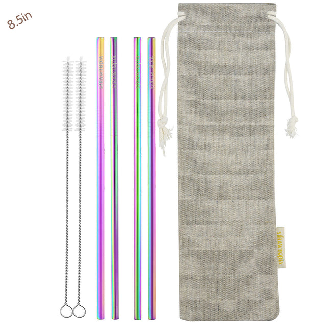 4 Straight (8.5 inches) Rainbow Reusable Metal Straws with Cleaning Brushes — STRAWTOPIA