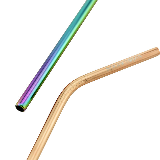 (10.4 inches)1 Bendy Champagne Gold 1 Straight Rainbow Reusable Metal Straws with Cleaning Brushes — STRAWTOPIA 