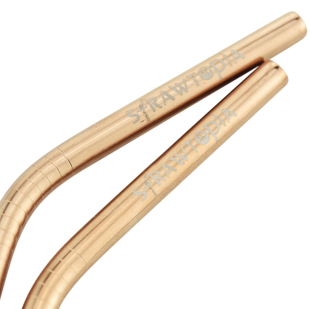 2 Bendy (8.5 inches) Champagne Gold Reusable Metal Straws with Cleaning Brushes — STRAWTOPIA 