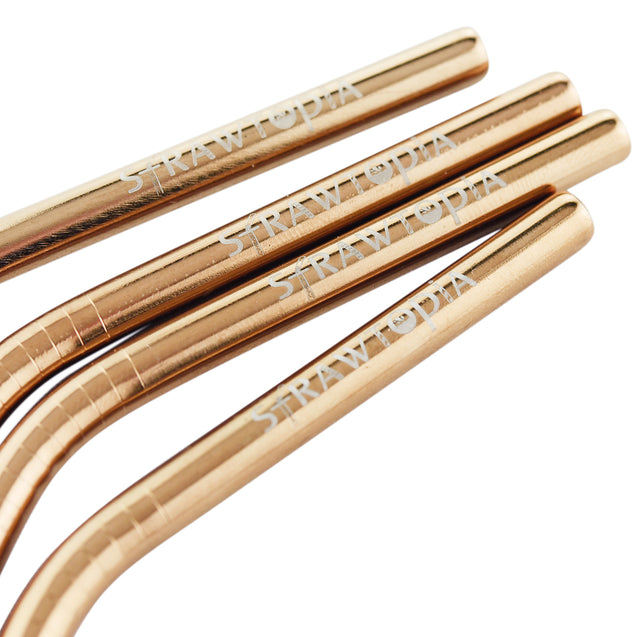 4 Bendy (8.5 inches) Champagne Gold Reusable Metal Straws with Cleaning Brushes — STRAWTOPIA